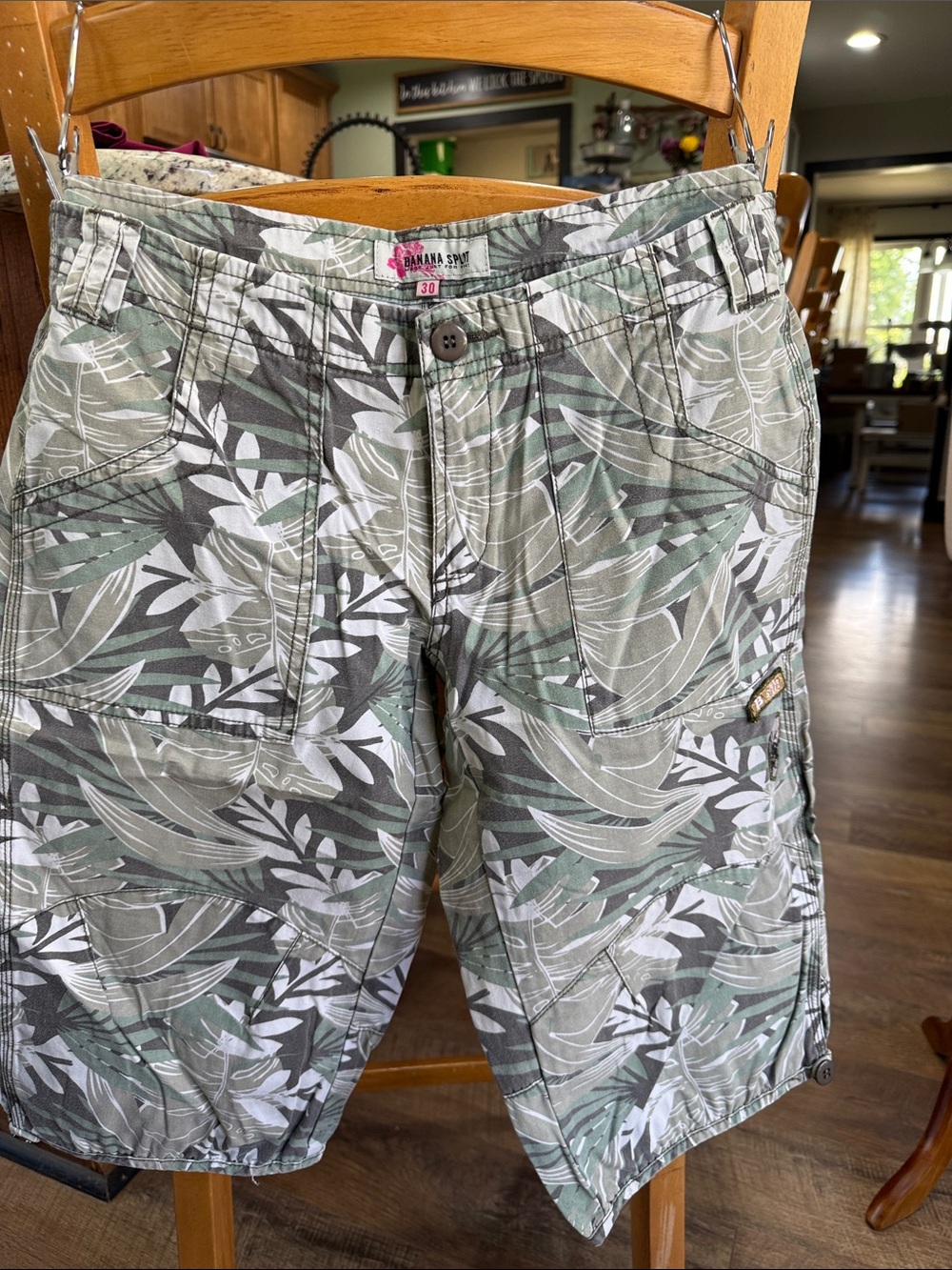 Banana Split Green Leaf Print Cargo Bermuda Shorts